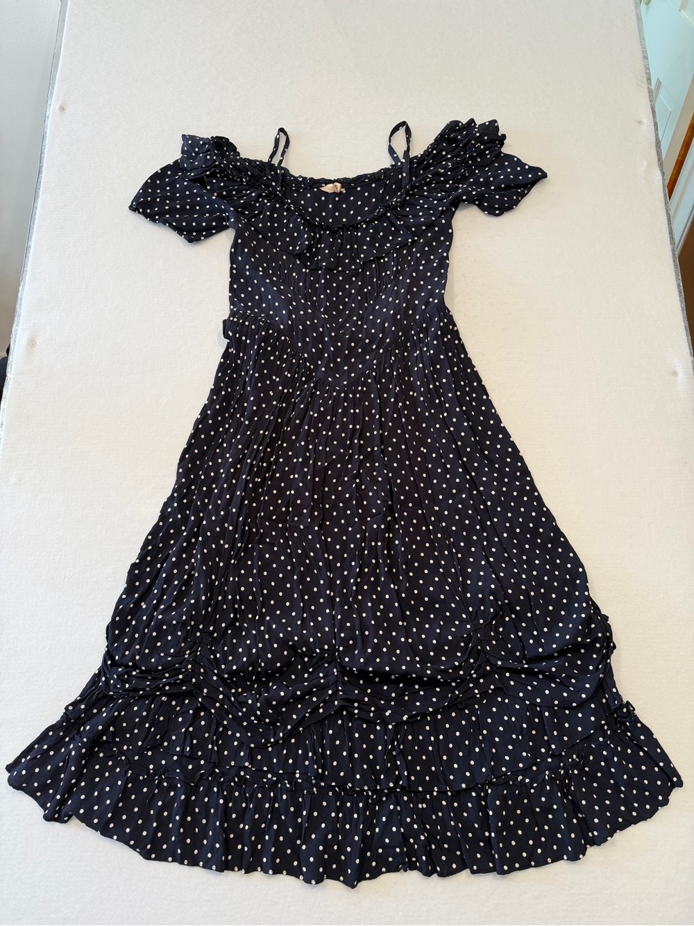 Marrika Nakk Navy/White Polka Dot Off-Shoulder Ruffle Long Dress One Size